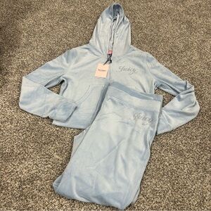 NWT JUICY COUTURE Size L Velour  Bling Tracksuit Hoodie Pants Set Frosted Blue